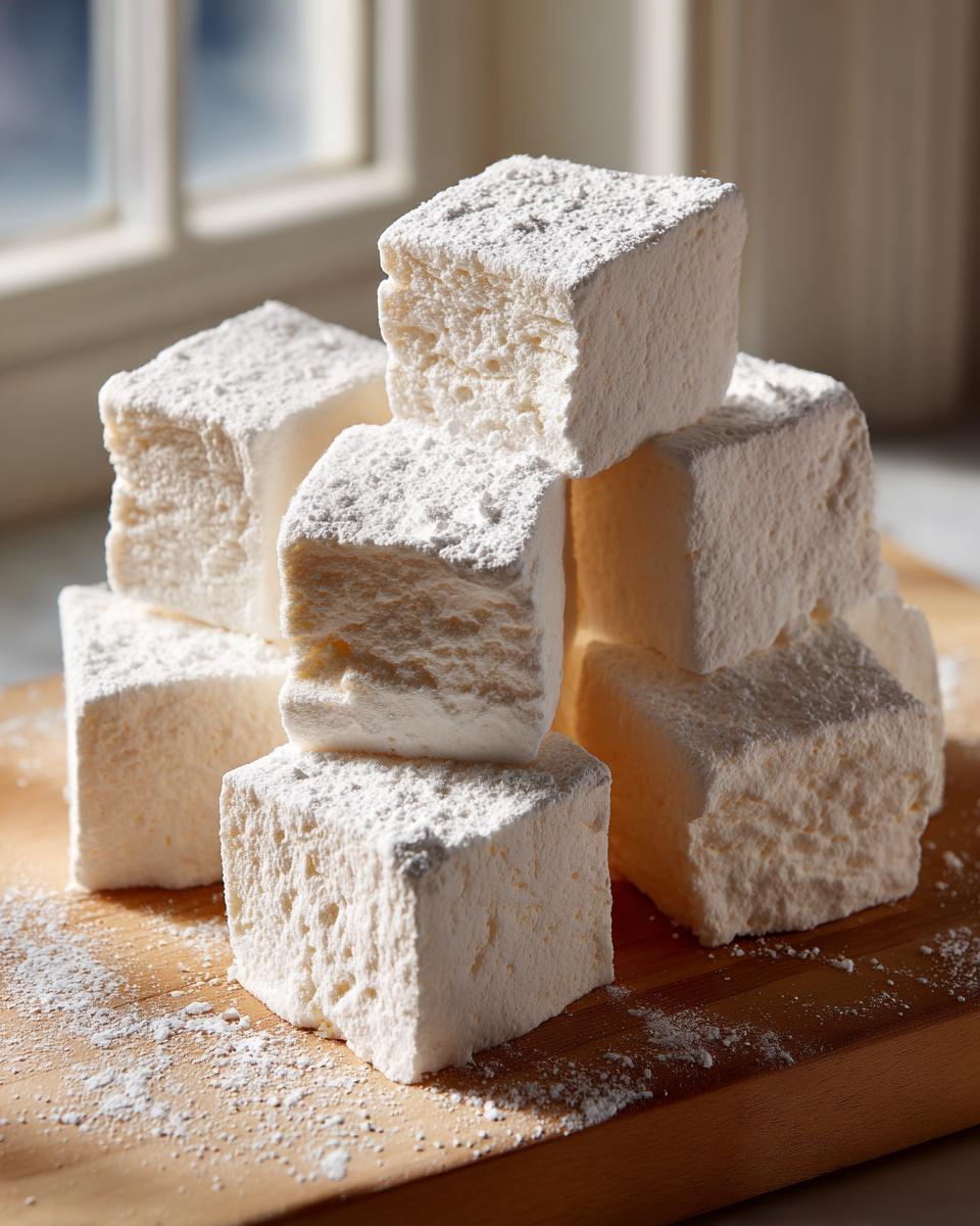 A stack of large, square homemade marshmallows generously dusted with powdered sugar, resting on a wooden board.