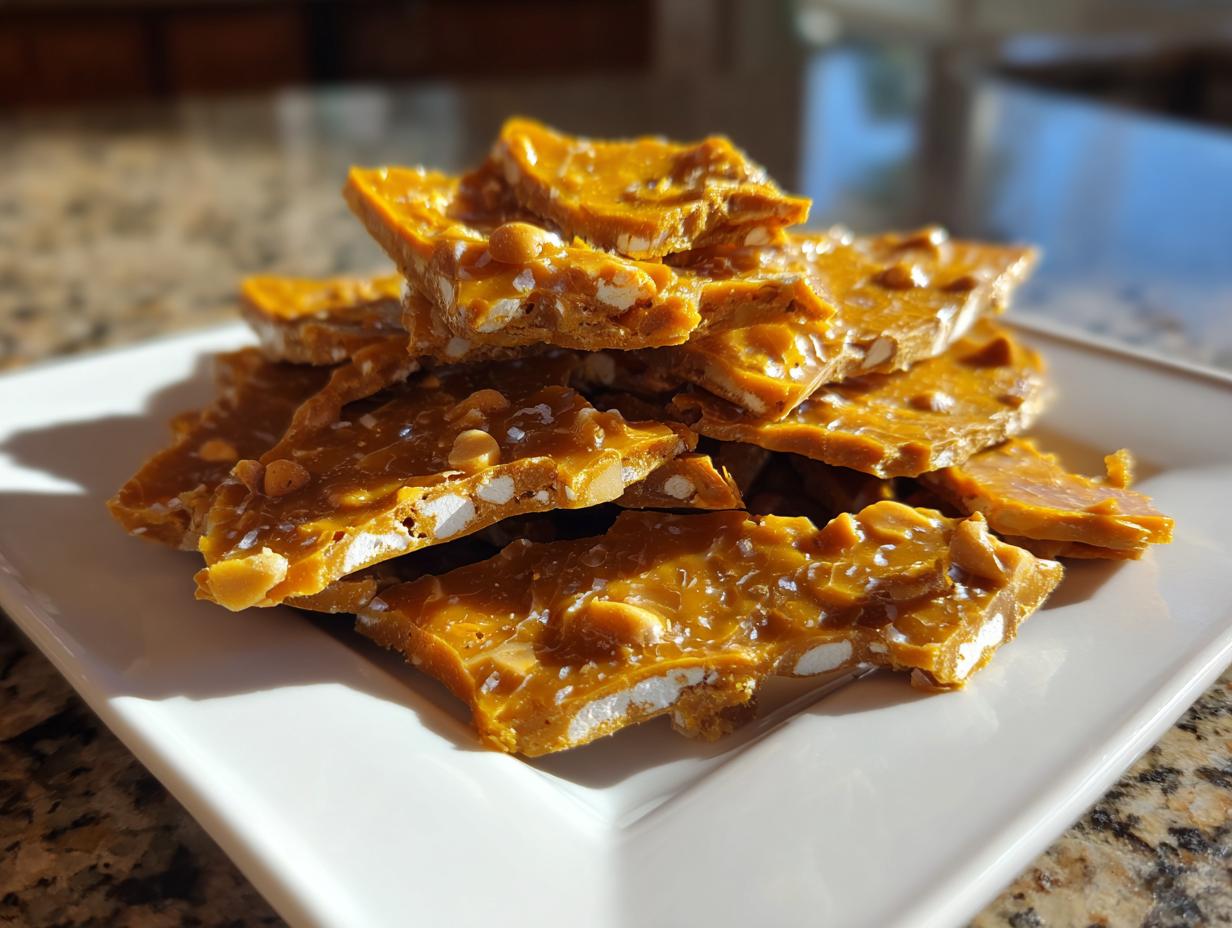 A stack of golden, glossy pieces of homemade peanut brittle recipe piled on a white square plate.