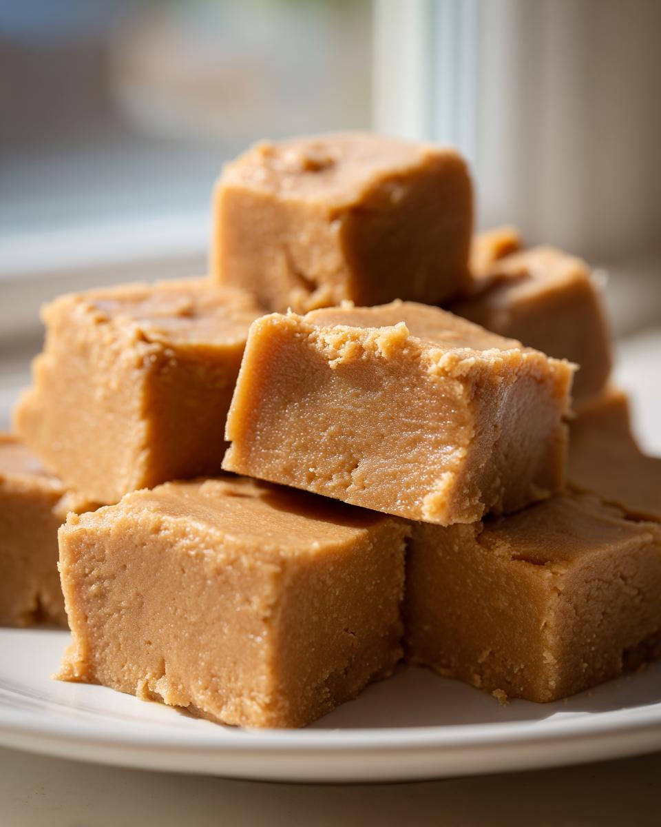 A close-up stack of creamy, light brown peanut butter fudge squares resting on a white plate.