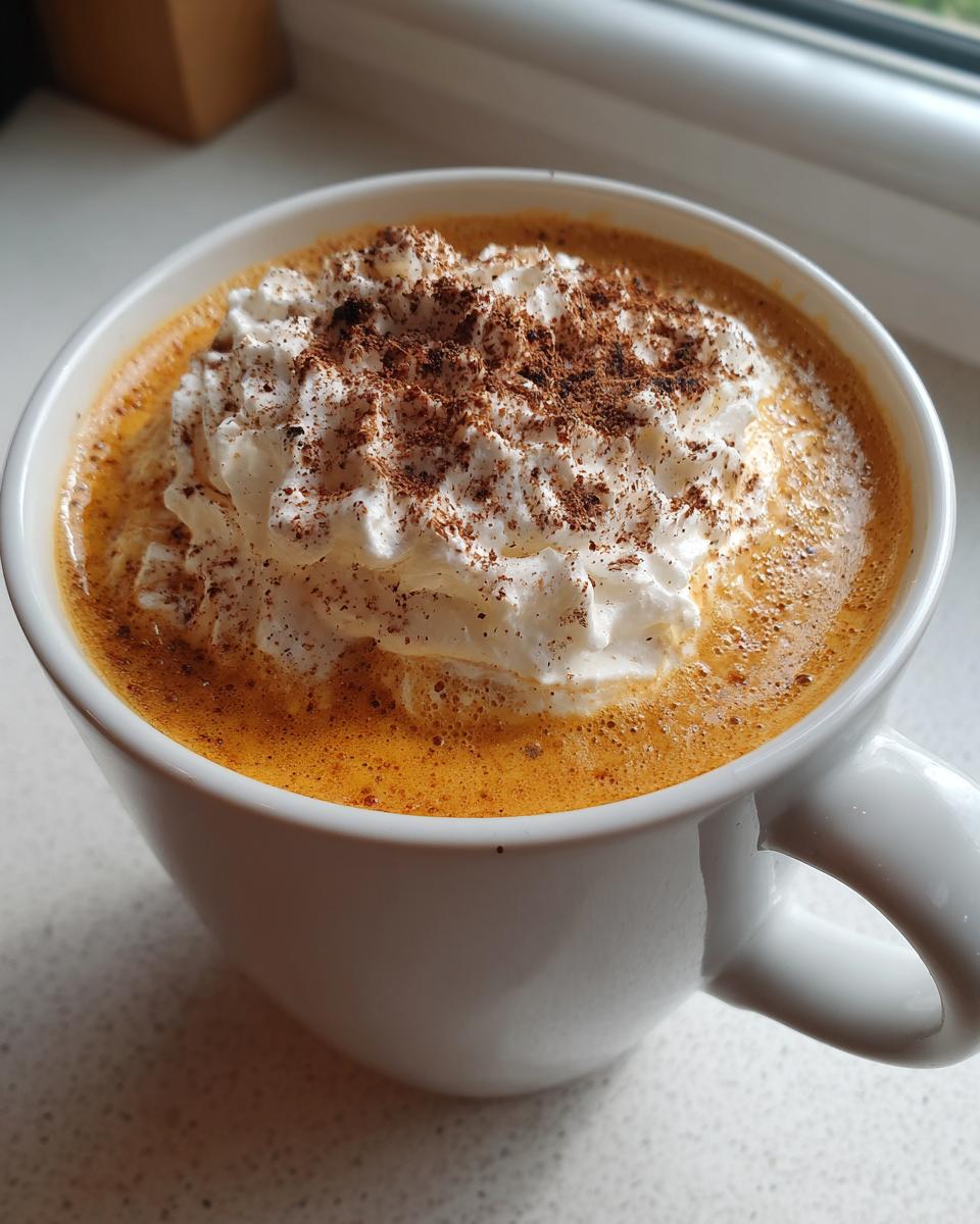 Close-up of a rich, orange-colored pumpkin spice latte topped with whipped cream and sprinkled cinnamon.