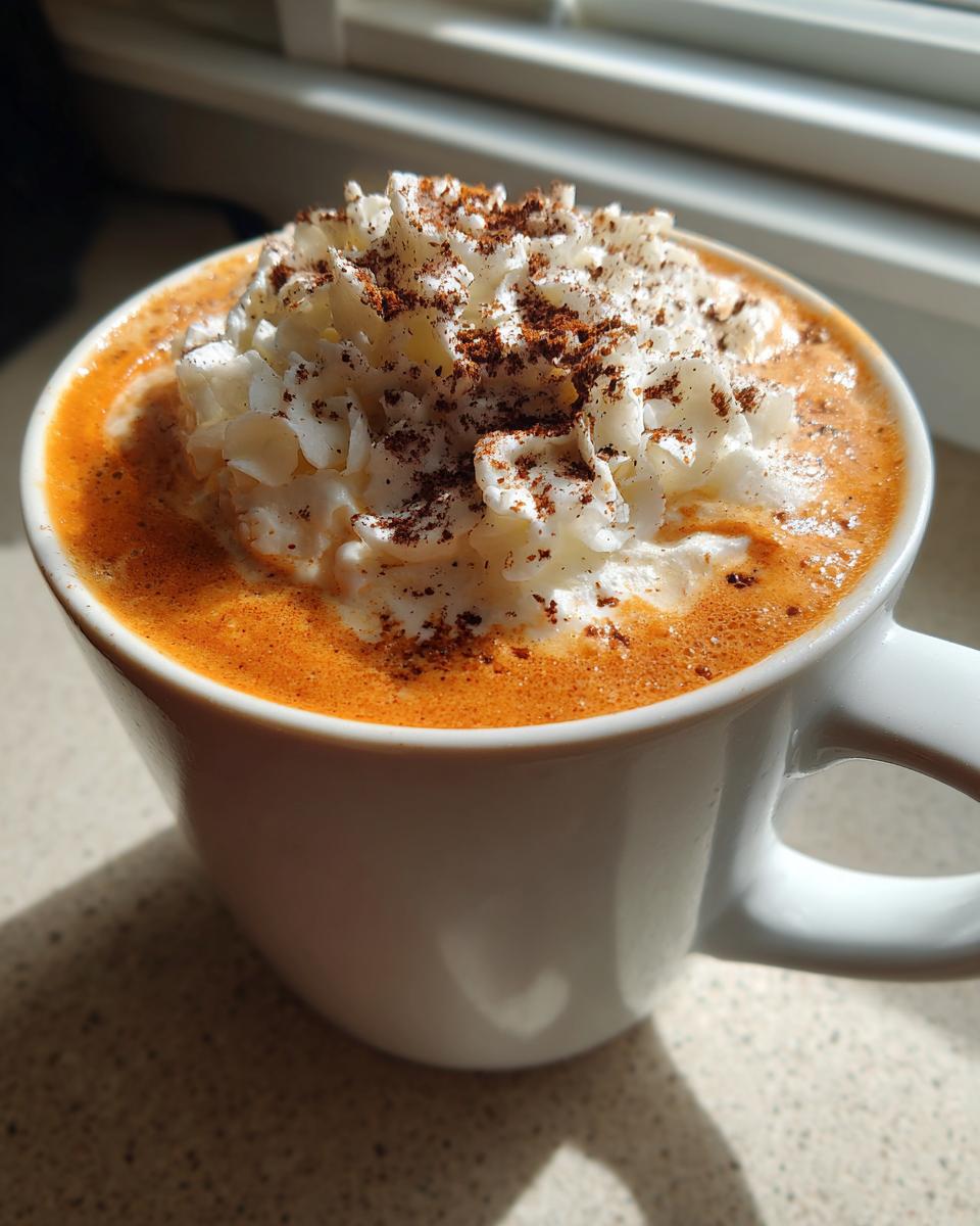Close-up of a rich, orange-hued pumpkin spice latte topped generously with whipped cream and a dusting of spice.