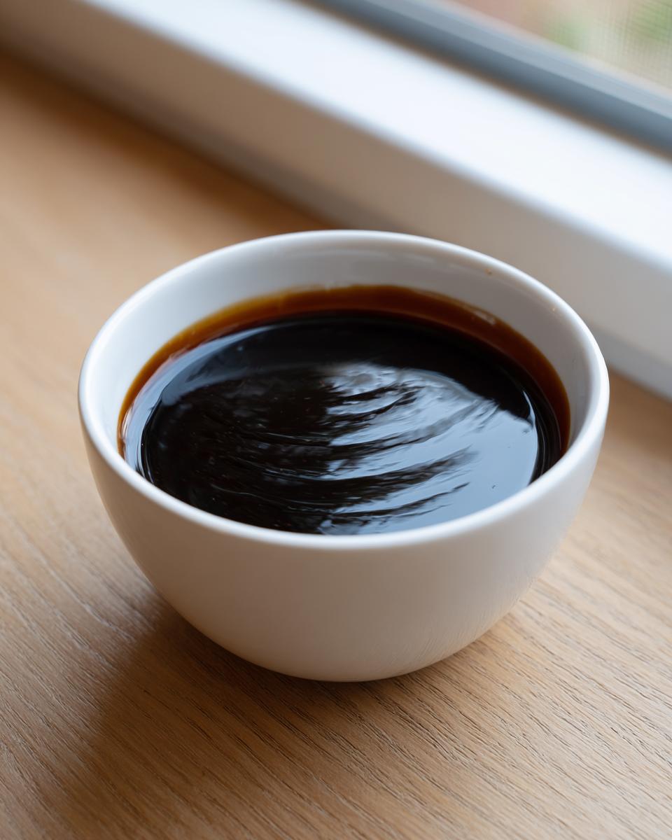 A small white bowl filled with thick, dark homemade teriyaki sauce resting on a light wooden surface.