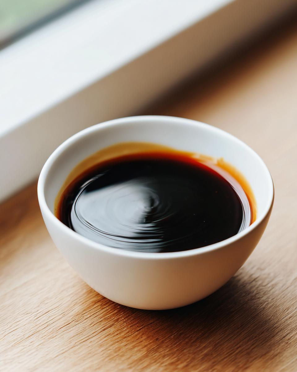 Close-up of rich, dark homemade teriyaki sauce swirling gently in a small white bowl on a wooden surface.