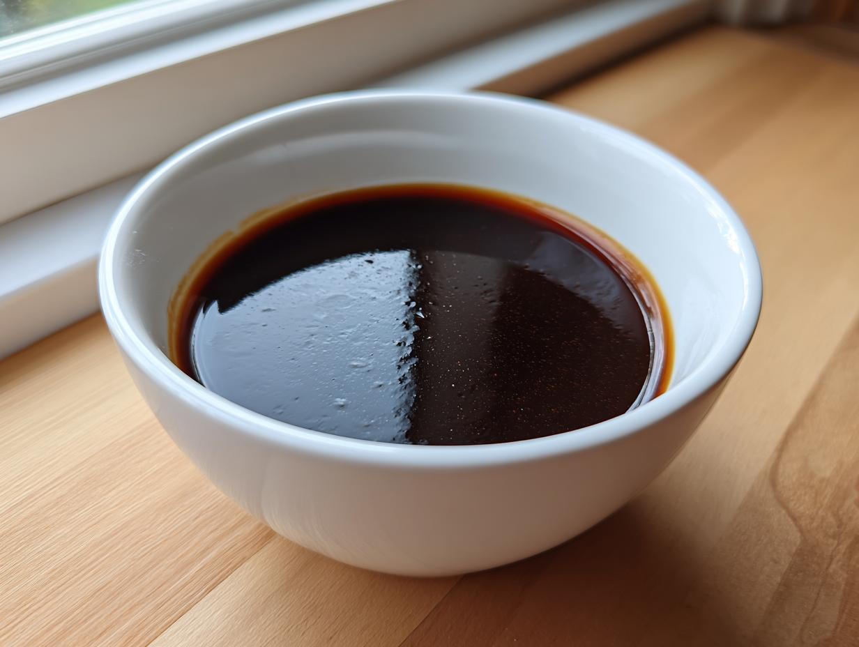 A close-up of thick, dark homemade teriyaki sauce resting in a small white bowl on a wooden surface.