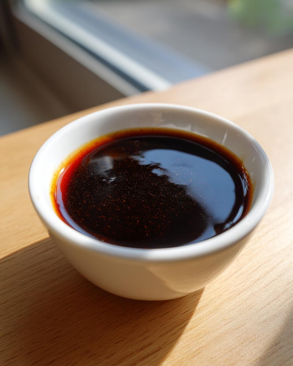 Close-up of rich, dark homemade teriyaki sauce in a small white dipping bowl on a wooden surface.