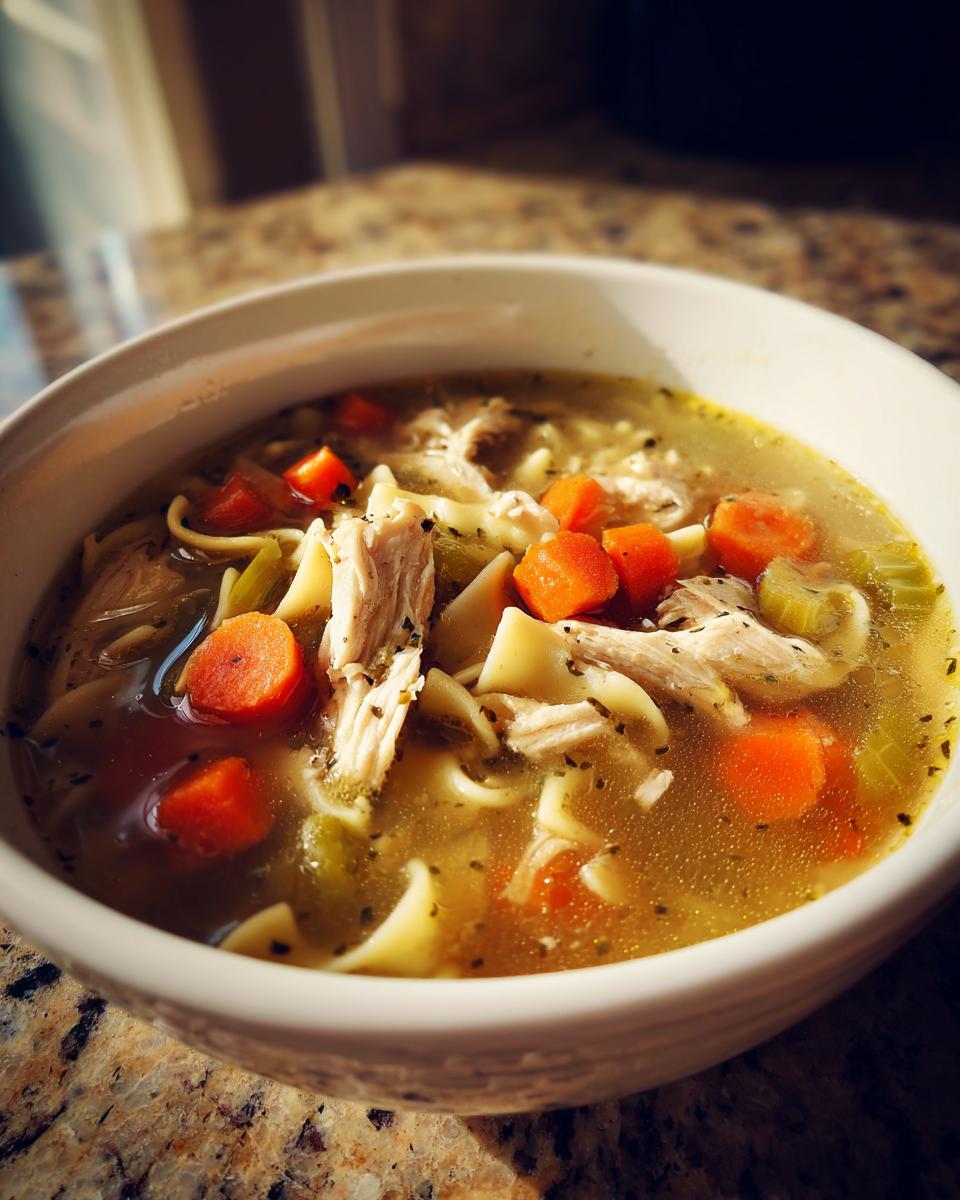 Close-up of a white bowl filled with rich, golden turkey soup featuring shredded turkey, bright orange carrots, and egg noodles.
