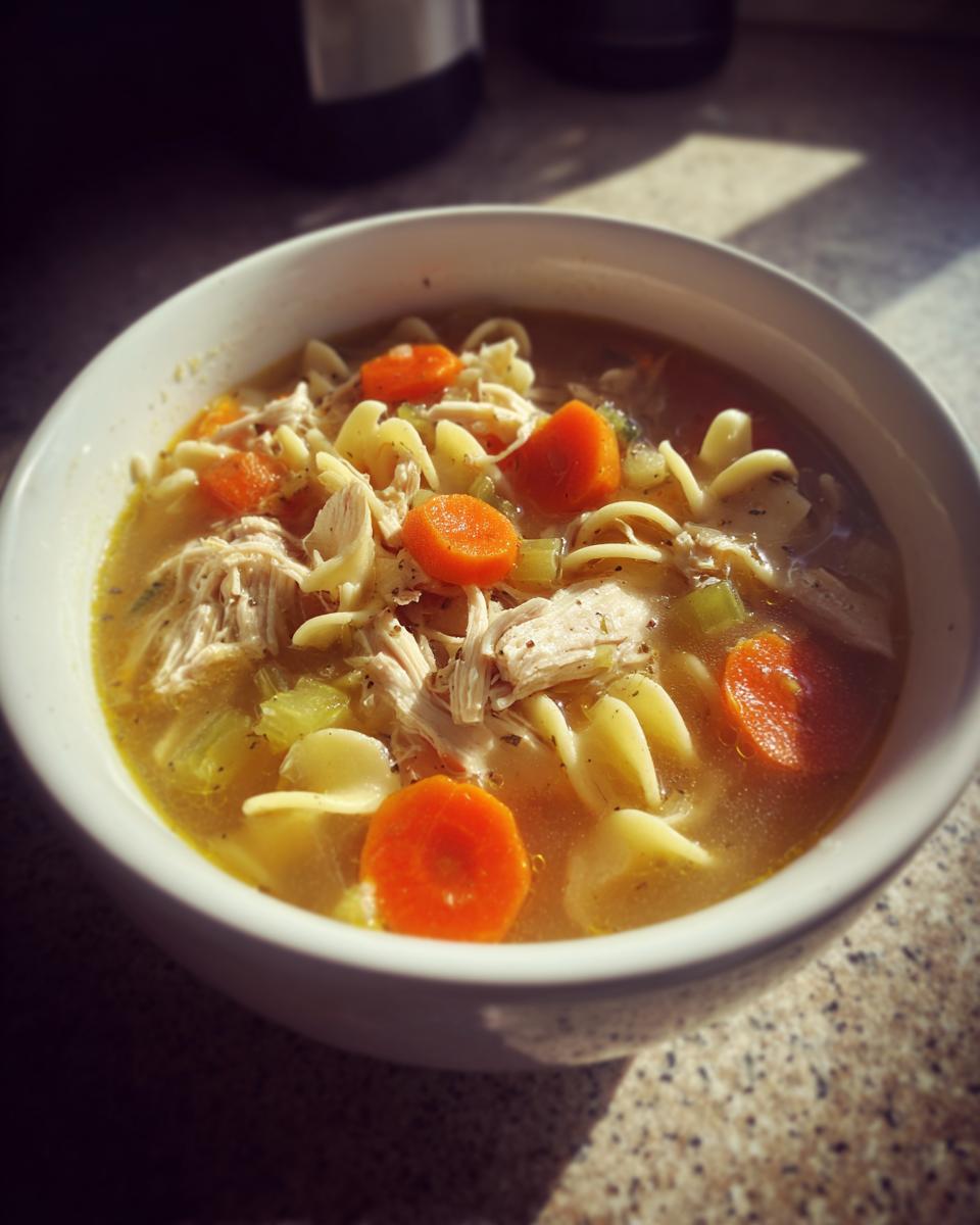 A close-up of a white bowl filled with homemade turkey soup, featuring shredded turkey, egg noodles, and bright orange carrot slices.