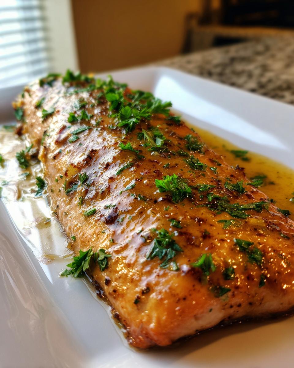 A close-up of a perfectly cooked salmon recipe fillet covered in a glossy honey garlic glaze and fresh parsley.