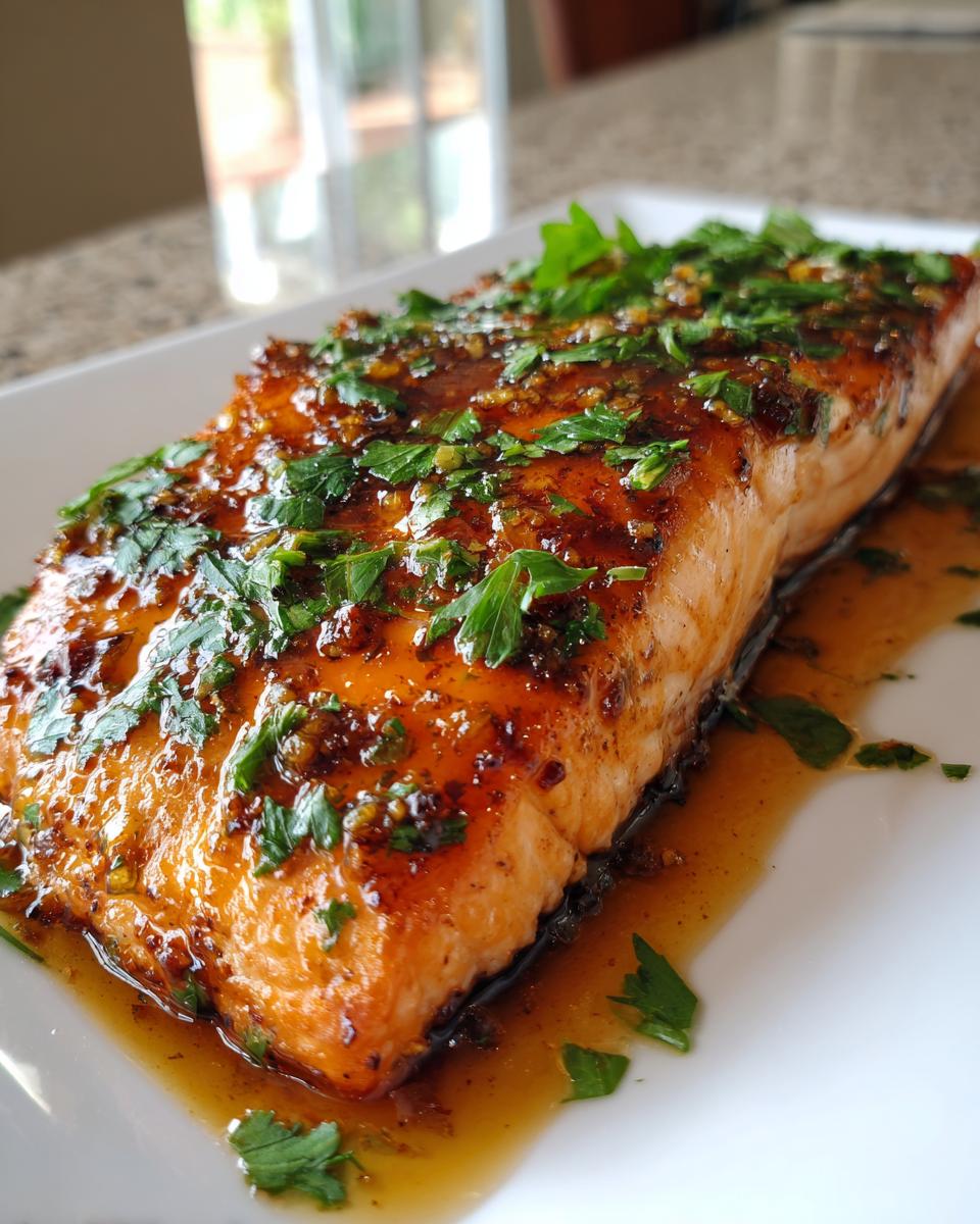A perfectly cooked fillet of honey garlic salmon recipe, glistening with glaze and topped with fresh chopped parsley.
