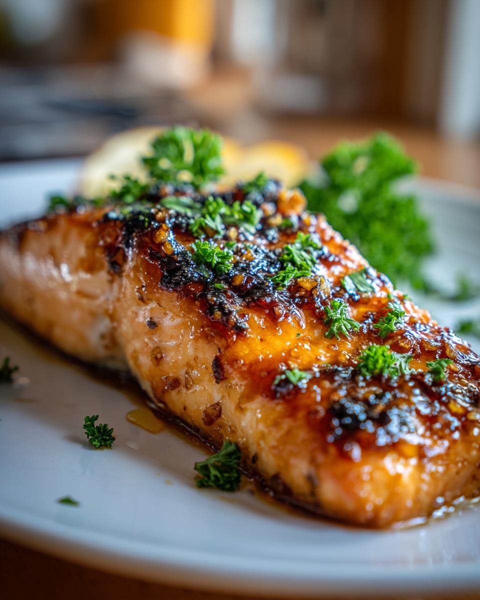 Close-up of a perfectly cooked honey garlic salmon recipe fillet, glazed and topped with fresh parsley.