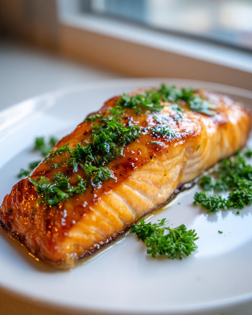 Close-up of a perfectly cooked honey garlic salmon recipe fillet, glazed and topped with fresh chopped parsley.