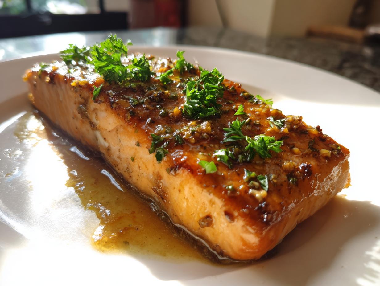 Close-up of a perfectly cooked honey garlic salmon recipe fillet, glistening with sauce and topped with fresh parsley.