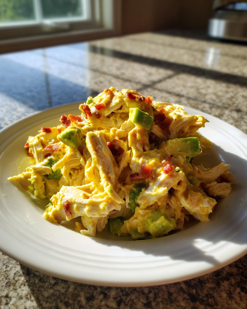 A serving of creamy honey mustard chicken salad mixed with chunks of green avocado and bits of bacon on a white plate.