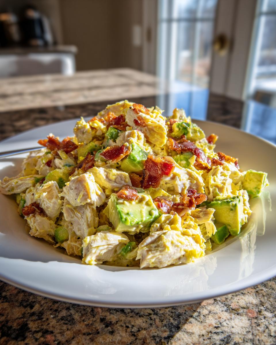 Close-up of a hearty honey mustard chicken salad mixed with chunks of avocado and topped with crispy bacon bits.