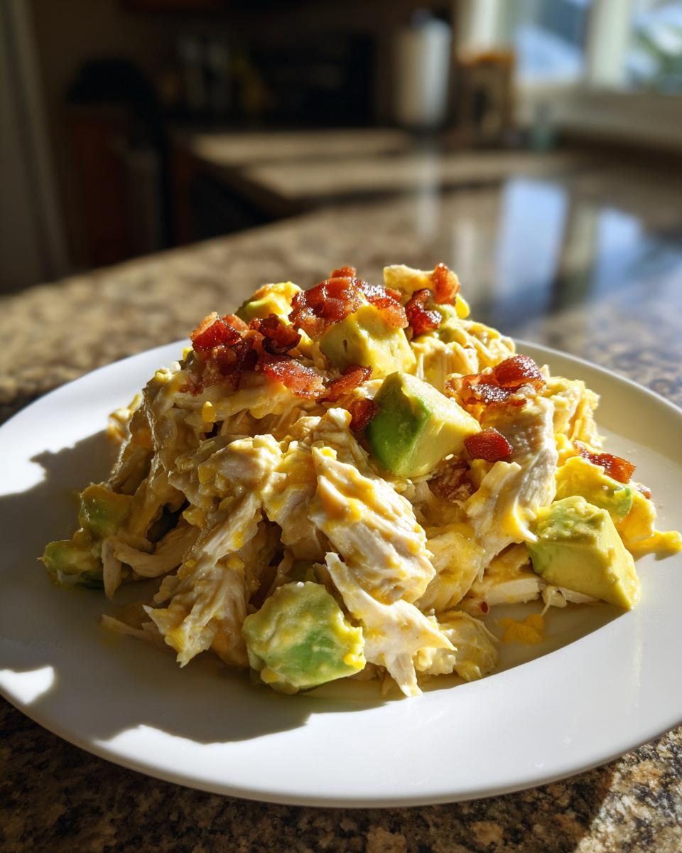 A close-up of shredded chicken salad mixed with avocado chunks and topped with bacon bits, representing the honey mustard chicken salad.