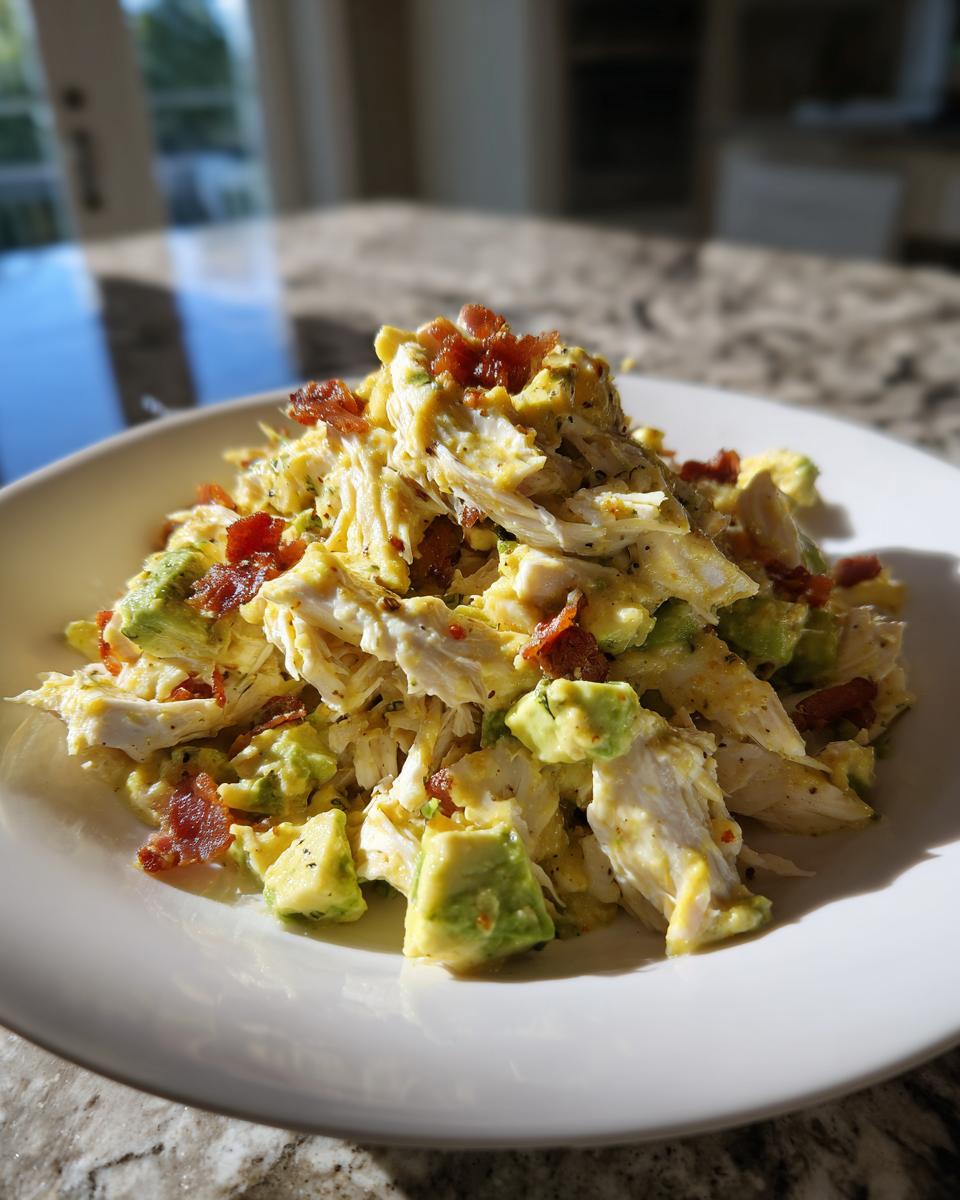 A close-up of a serving of honey mustard chicken salad mixed with chunks of avocado and topped with crispy bacon bits.