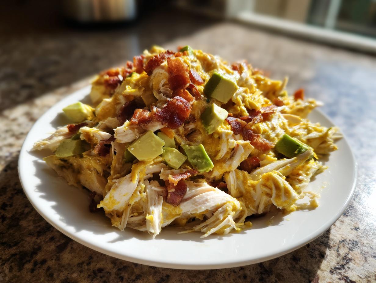 A mound of shredded chicken coated in yellow honey mustard dressing, topped with crispy bacon bits and diced avocado, served on a white plate.