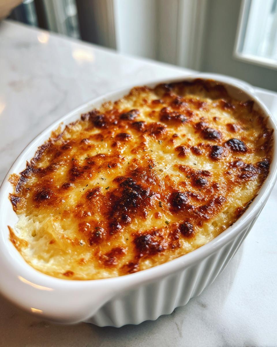 Close-up of hot, baked caramelized onion dip with a golden brown, bubbly cheese crust in a white oval ramekin.