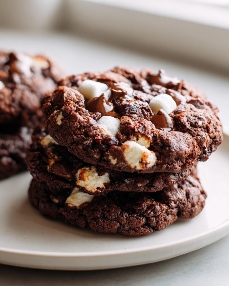 A close-up stack of three rich, dark chocolate hot chocolate cookies studded with melted chocolate chips and soft marshmallows.