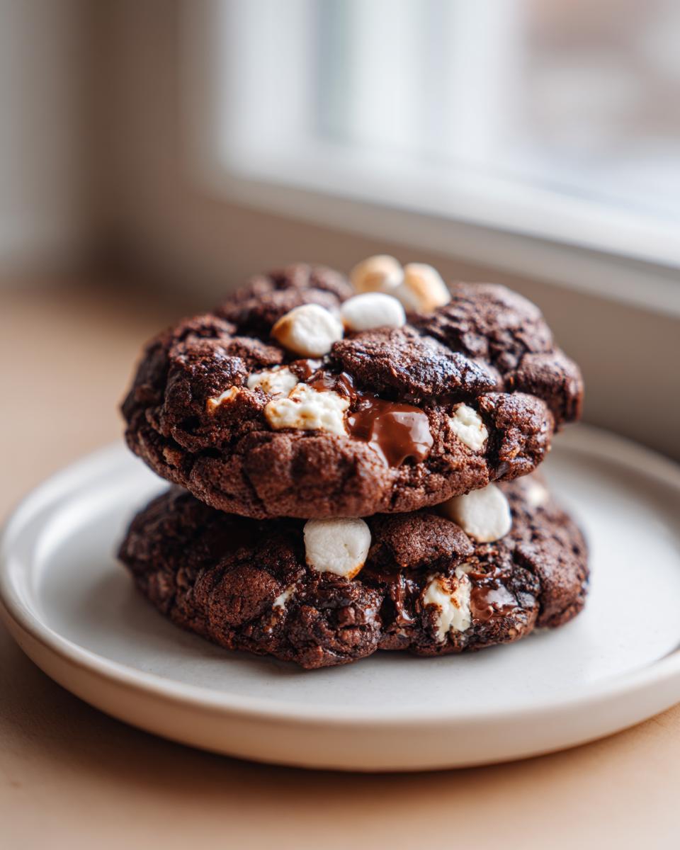 Two rich, dark hot chocolate cookies stacked on a white plate, topped with melted chocolate and mini marshmallows.