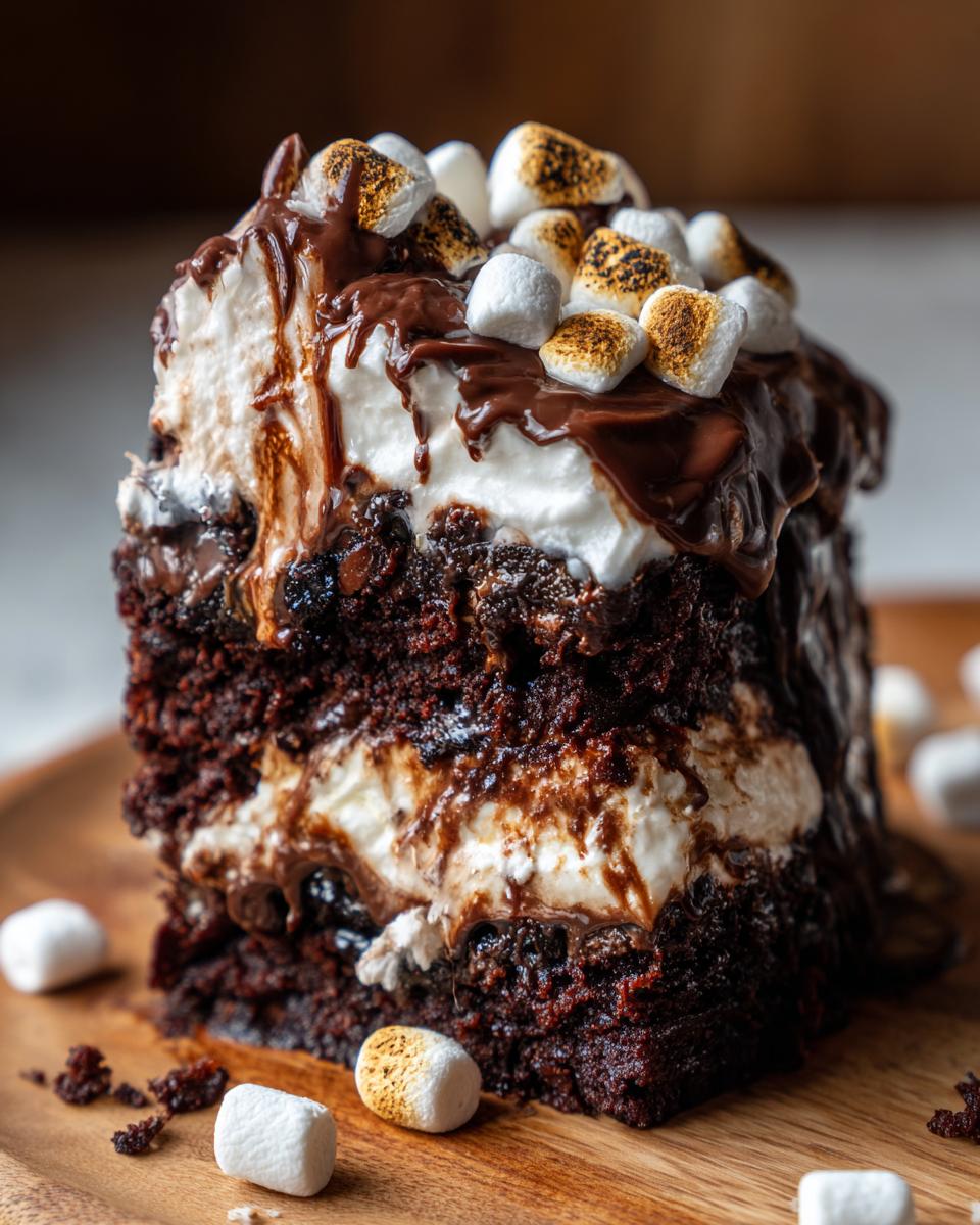 Close-up of a rich slice of hot chocolate poke cake layered with cream and topped with chocolate drizzle and toasted marshmallows.