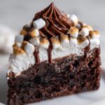 Close-up of a decadent slice of hot chocolate poke cake topped with whipped frosting, toasted marshmallows, and chocolate drizzle.