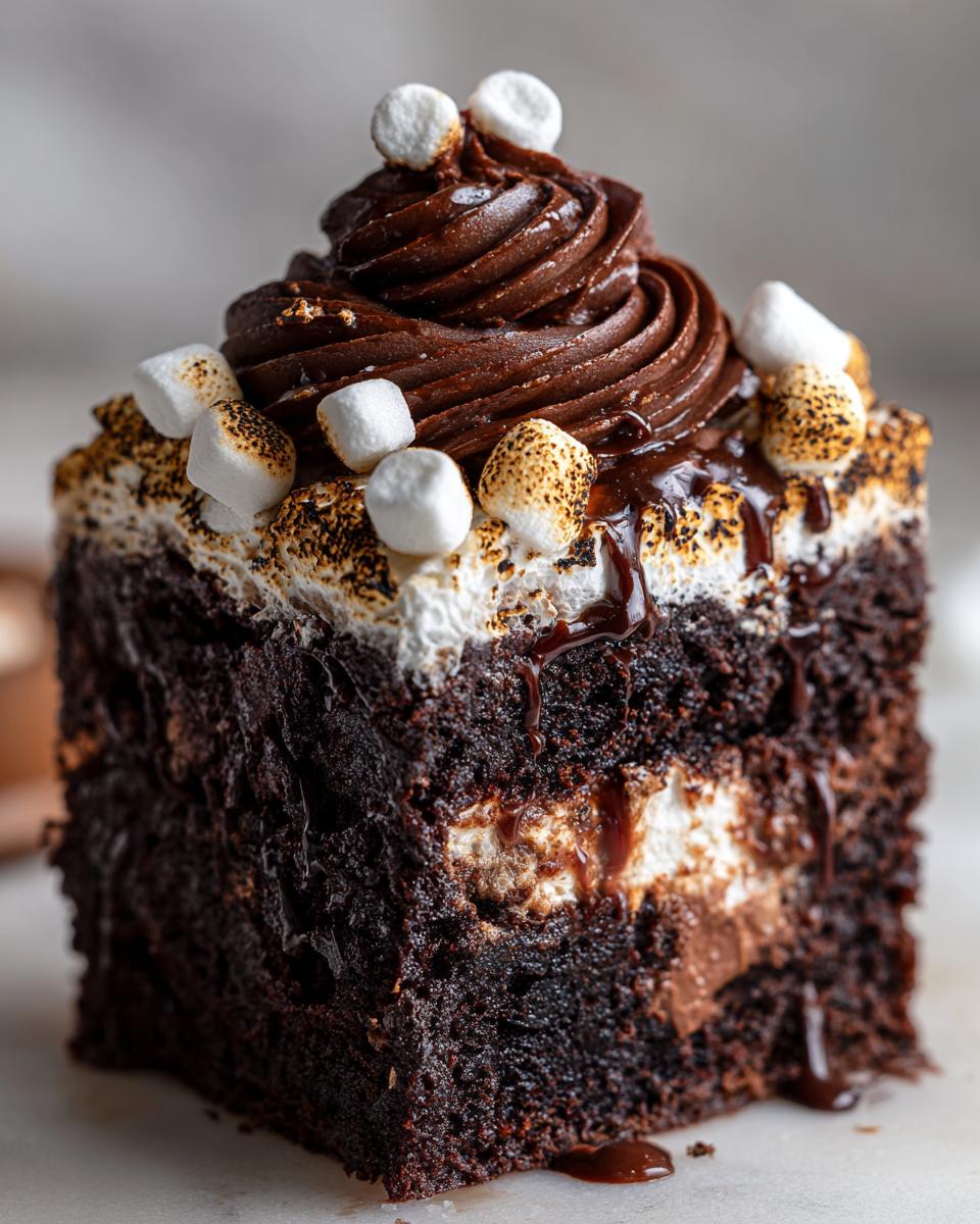 Close-up of a decadent slice of hot chocolate poke cake showing moist dark chocolate layers, filling, and toasted marshmallows.