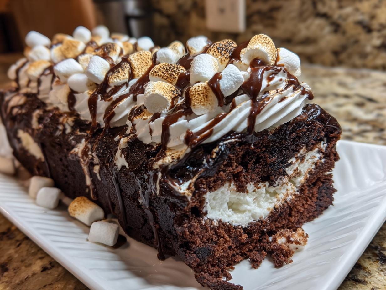 Cross-section of a rich chocolate hot chocolate poke cake filled with white frosting and topped with whipped cream, chocolate drizzle, and toasted marshmallows.