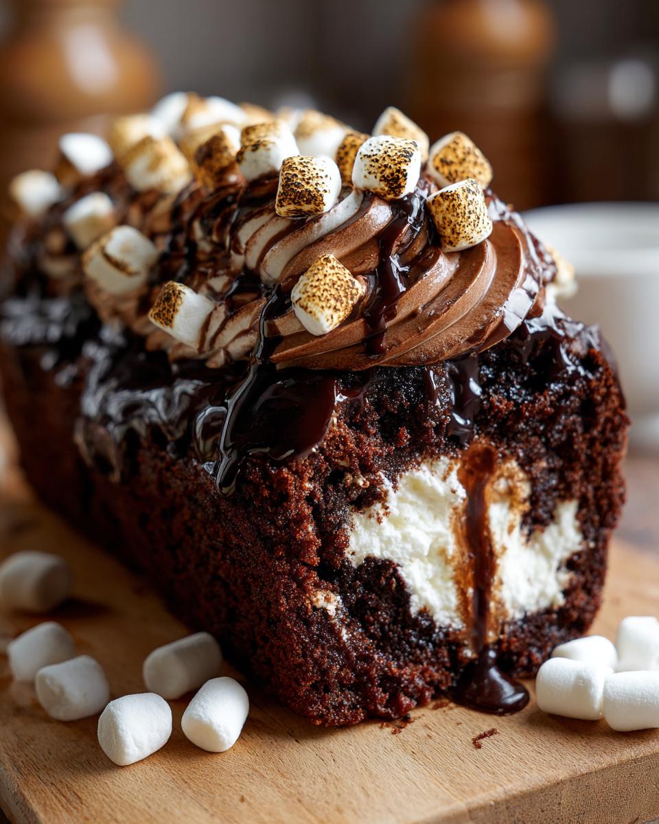Close-up of a slice of rich hot chocolate poke cake filled with white cream and topped with chocolate frosting and toasted marshmallows.