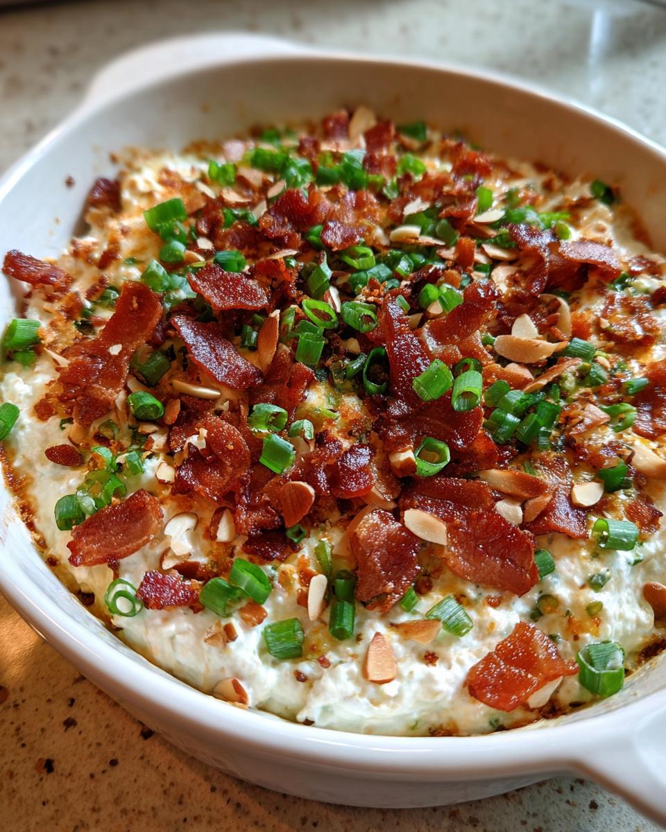 Close-up of the hot Neiman Marcus dip in a white baking dish, generously topped with crispy bacon, sliced almonds, and green onions.
