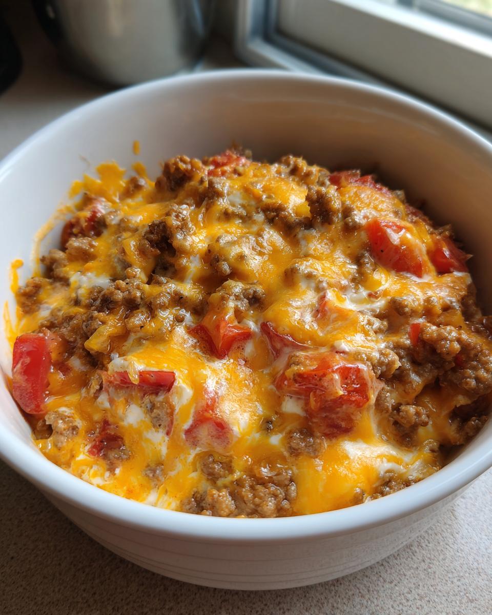 Close-up of a hot sausage cream cheese dip topped with melted cheddar cheese and diced tomatoes in a white serving bowl.