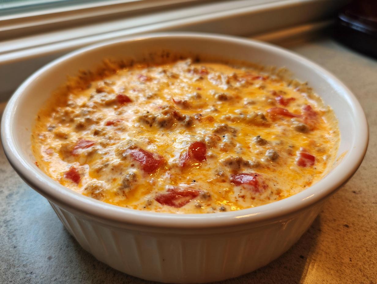 Close-up of a bubbling hot sausage cream cheese dip topped with melted cheese and diced tomatoes in a white bowl.