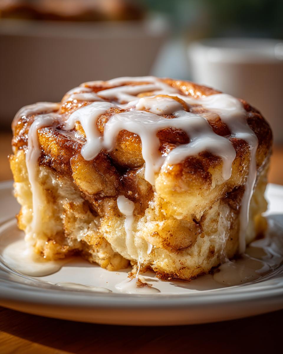 Close-up of a gooey, iced cinnamon roll, perfect for the cinnamon roll apple pie hack recipe.