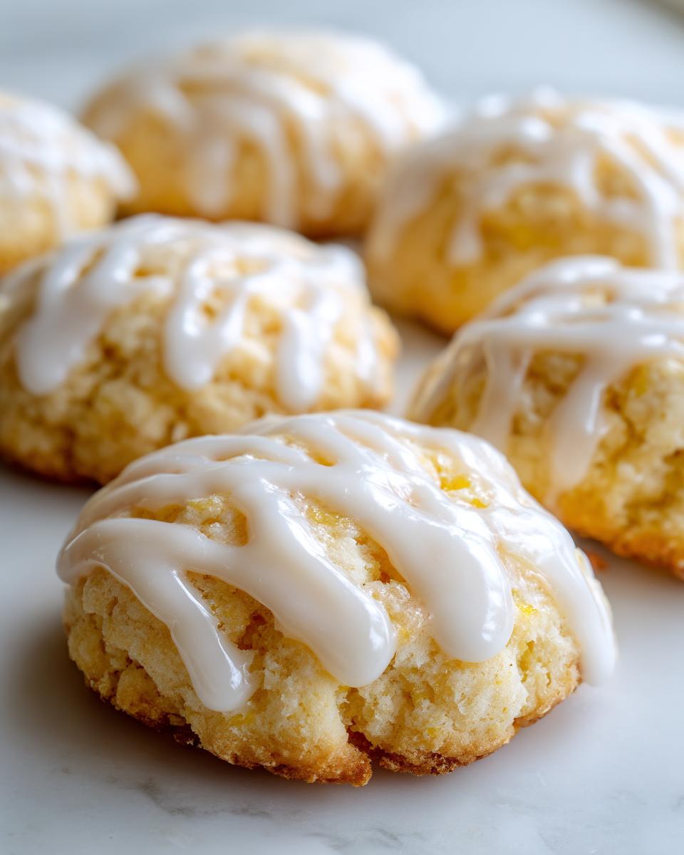 Close-up of several soft, yellow ricotta cookies drizzled generously with white lemon glaze.
