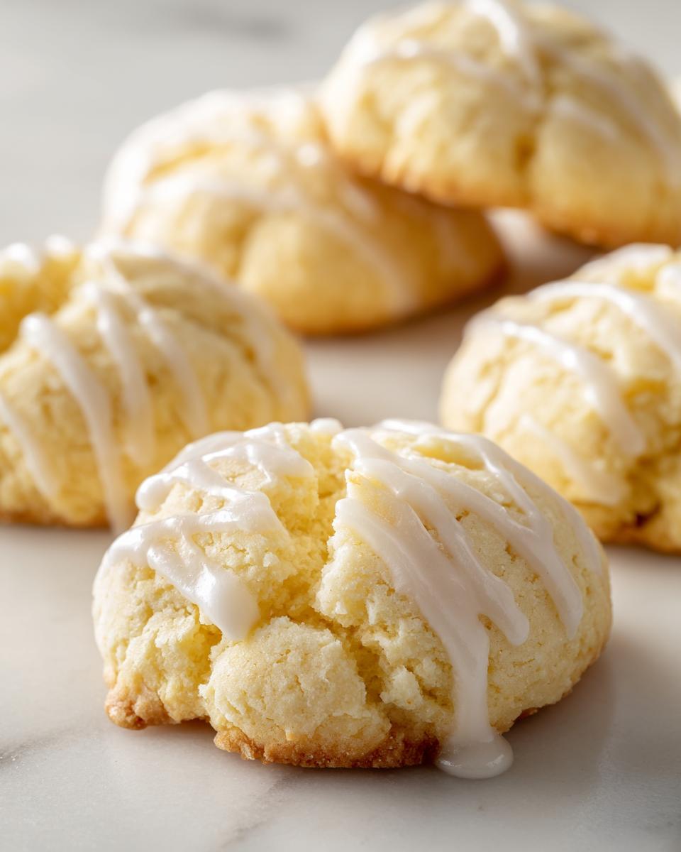 Close-up of soft, light yellow ricotta cookies drizzled with white glaze, sitting on a white marble surface.