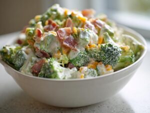 Close-up of a creamy, vibrant broccoli salad mixed with bacon pieces and cheddar cheese in a white bowl.