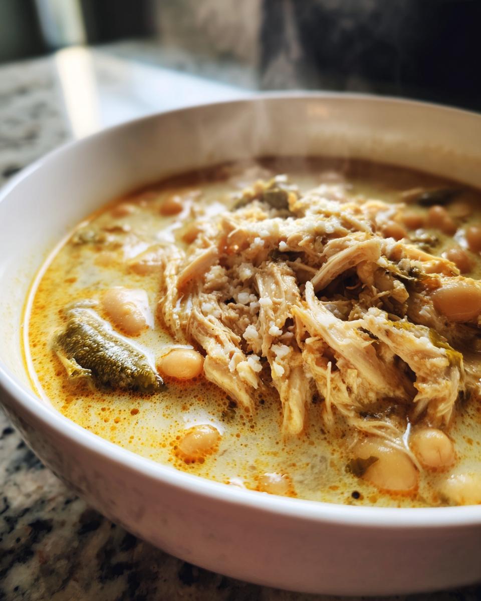 Close-up of a steaming white bowl filled with creamy instant pot white chicken chili, featuring shredded chicken, white beans, and green chilies.