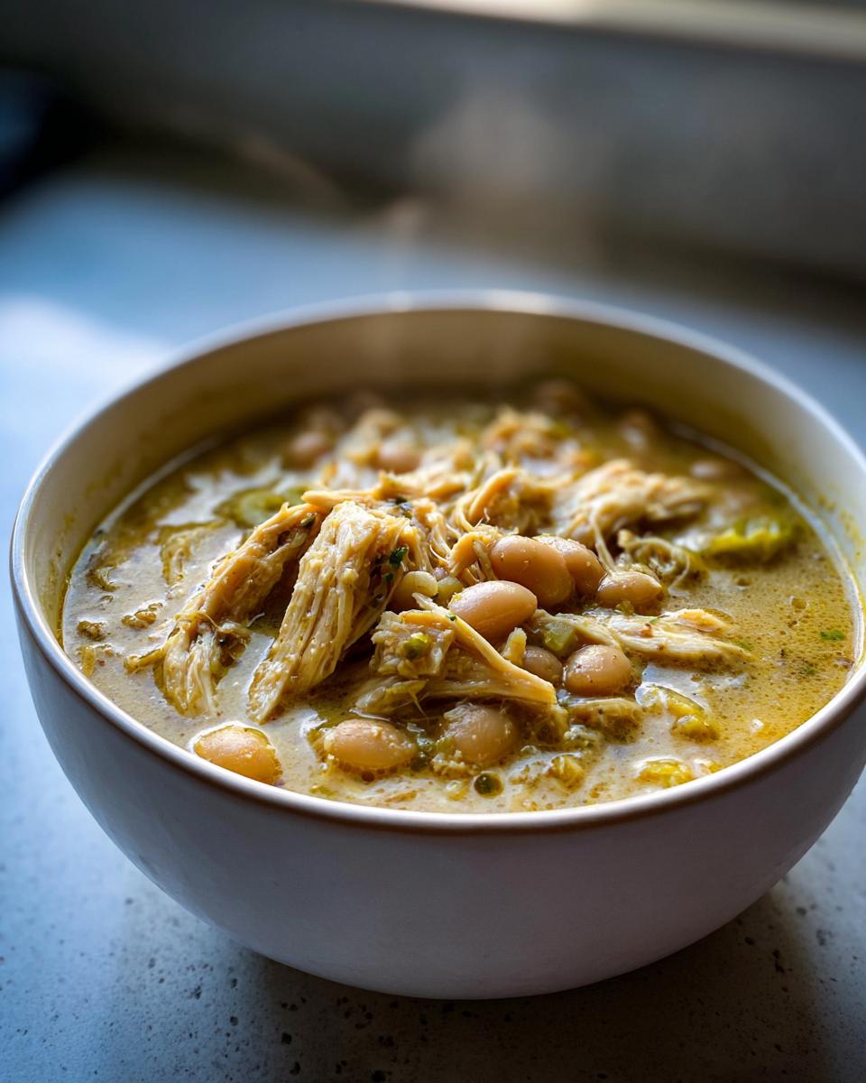 Close-up of a white bowl filled with steaming instant pot white chicken chili, featuring shredded chicken and white beans in a creamy broth.