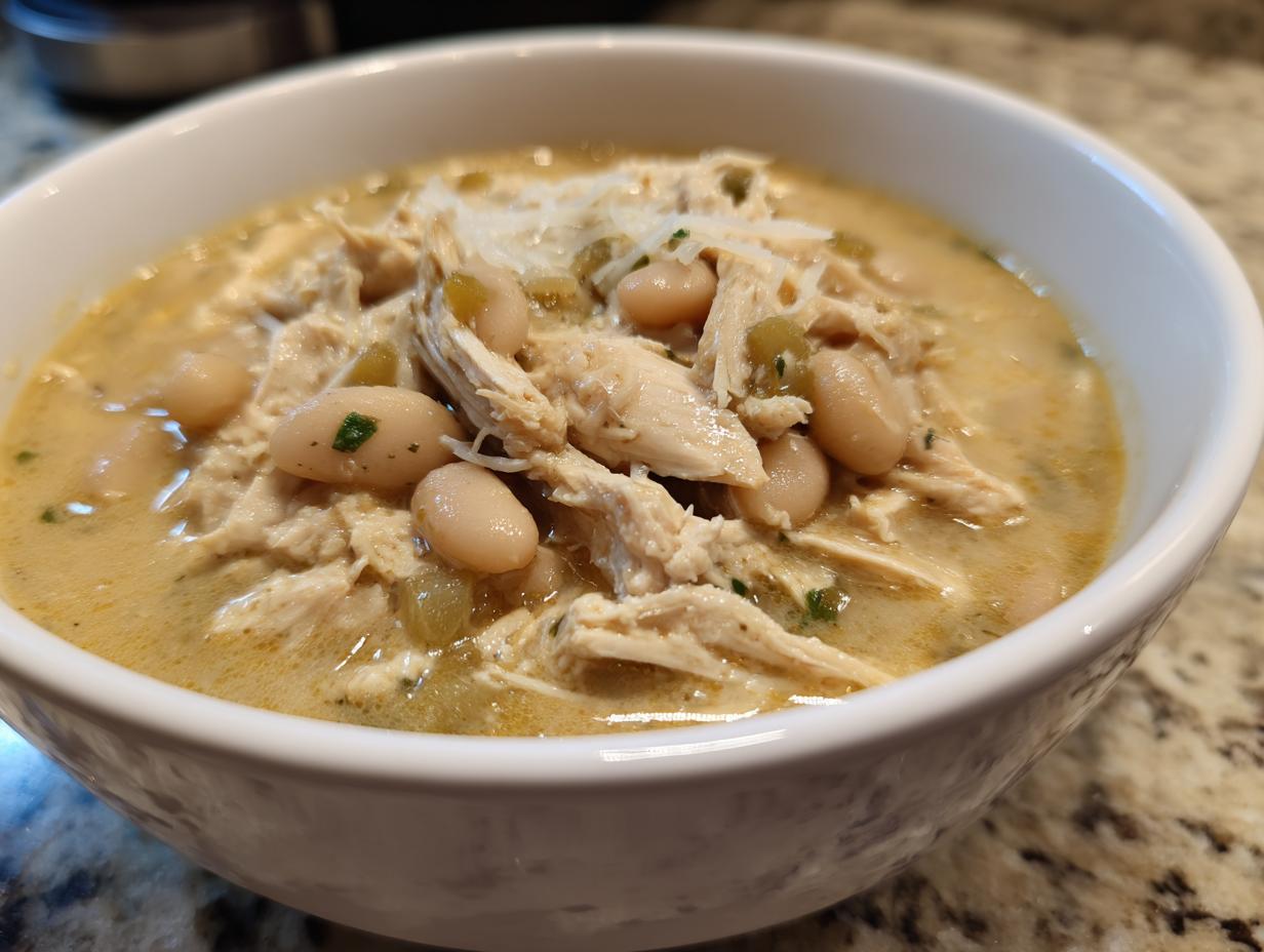 A close-up of a white bowl filled with creamy instant pot white chicken chili, featuring shredded chicken and white beans.