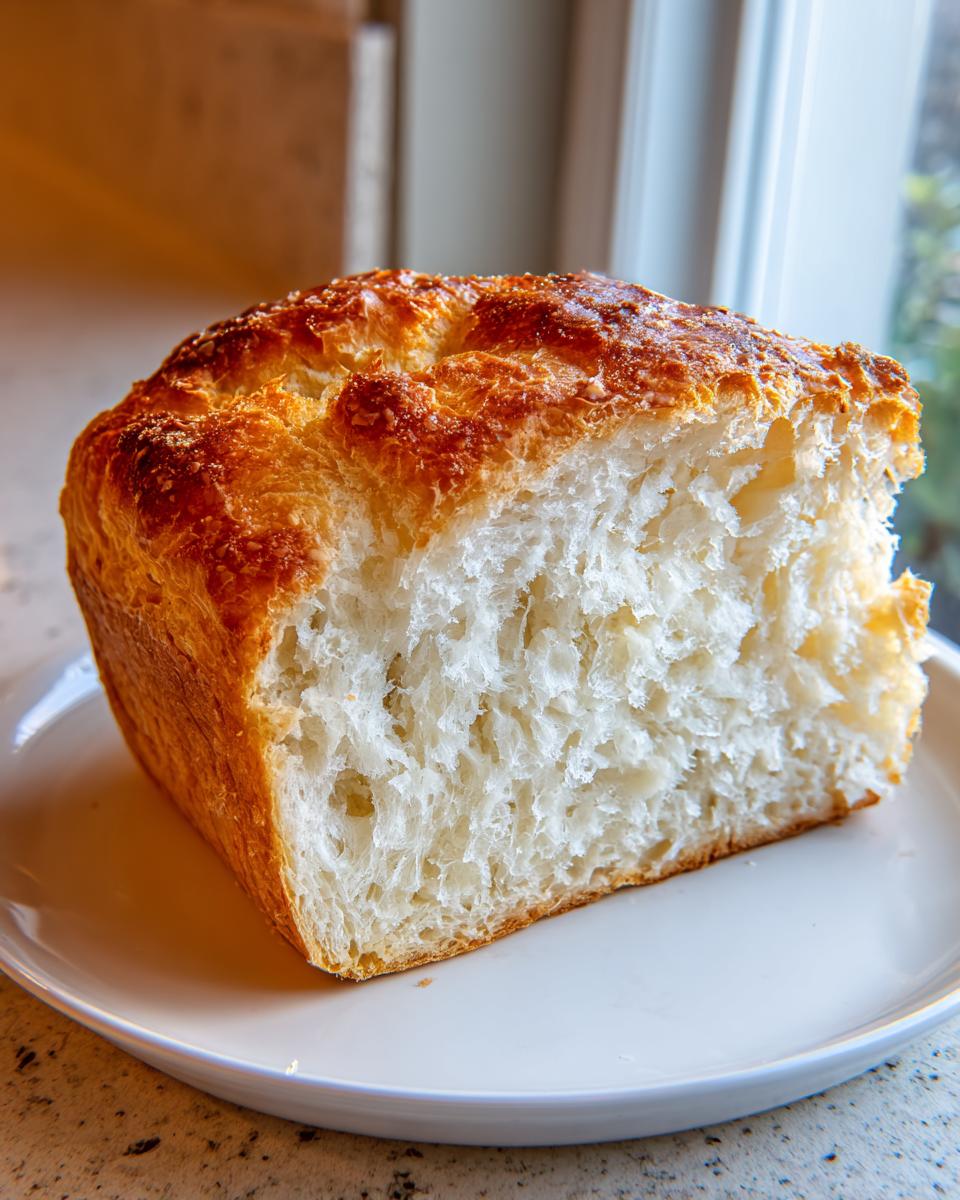 Close-up of a freshly baked italian bread loaf showing the fluffy white interior crumb and shiny golden crust.
