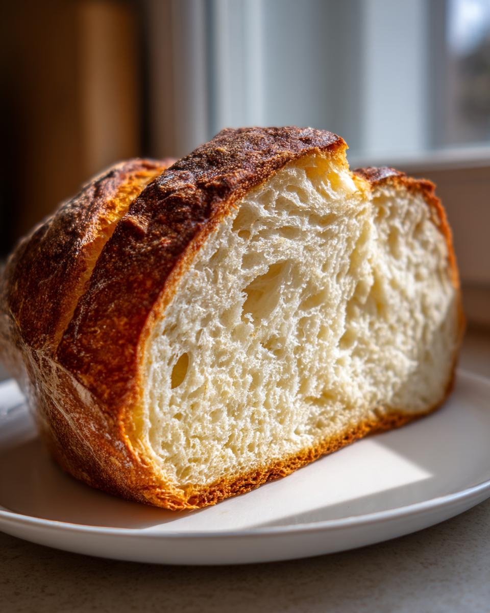 Close-up of a freshly baked italian bread loaf cut in half, showing the airy interior crumb and dark, crisp crust.