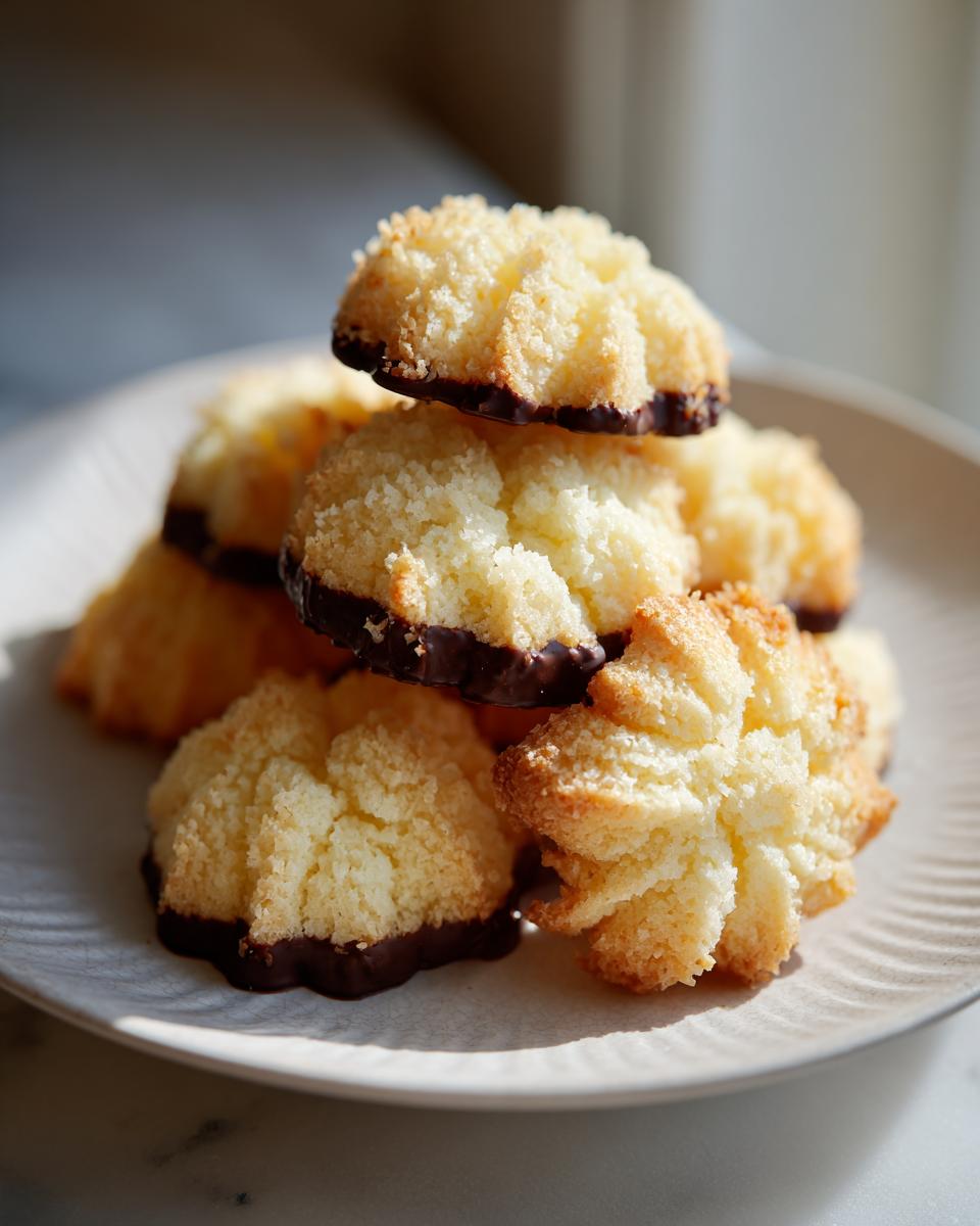 A stack of golden, textured italian butter cookies dipped in dark chocolate resting on a light ceramic plate.