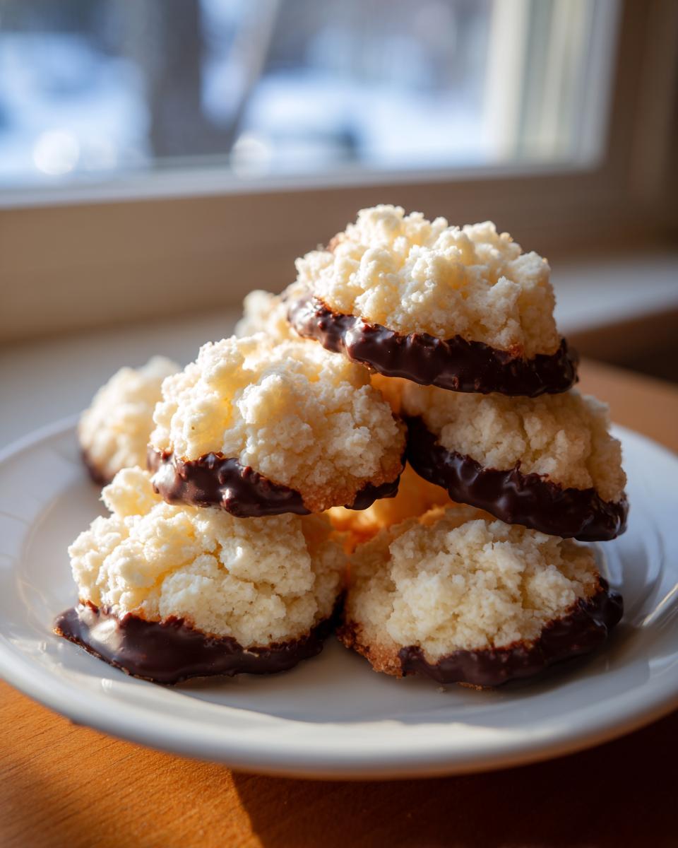 A stack of fluffy Italian butter cookies, dipped in dark chocolate, resting on a white plate near a window.