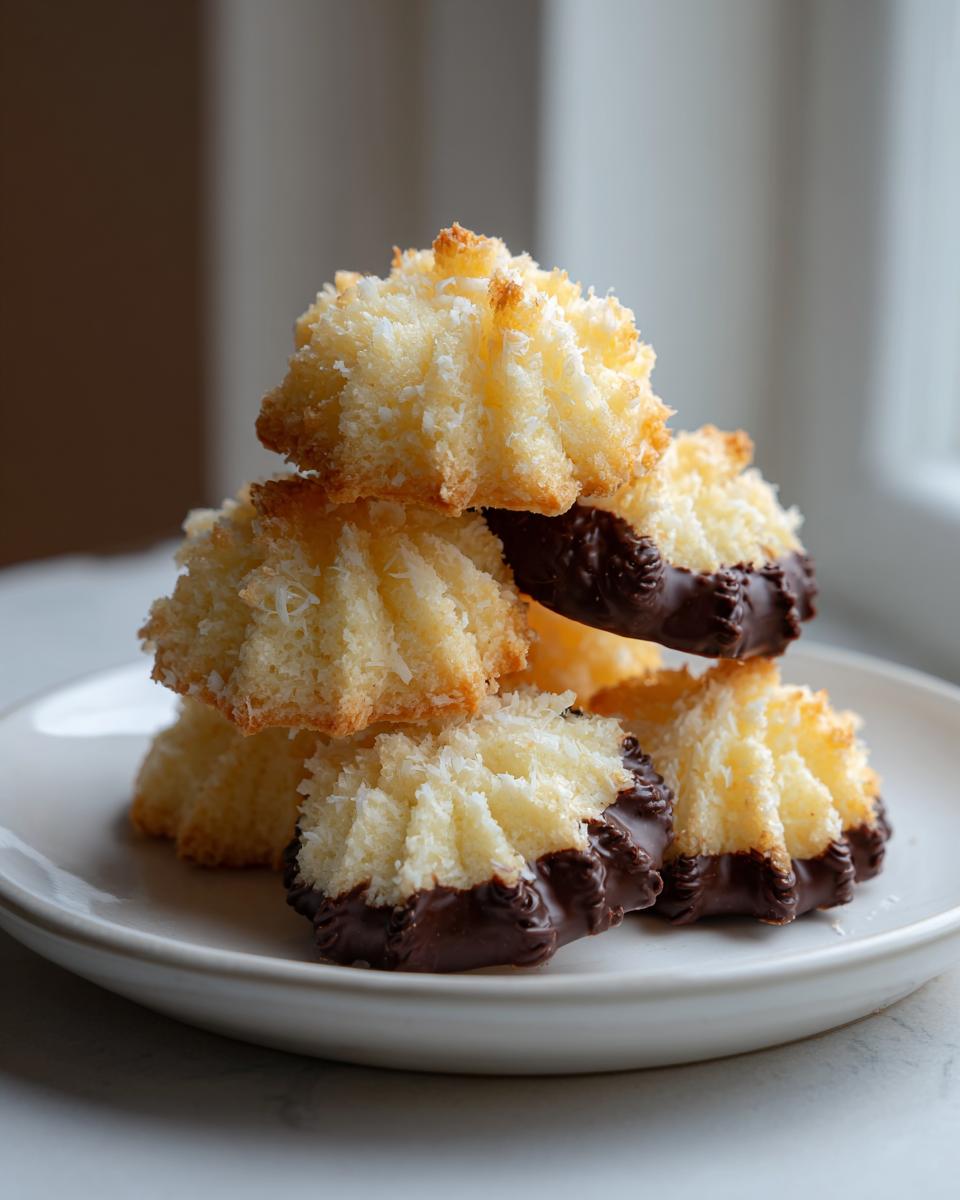 Stack of golden Italian butter cookies, textured with coconut and dipped in dark chocolate, on a white plate.