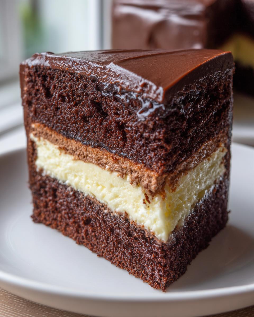 Close-up of a slice of rich chocolate Italian love cake featuring layers of dark cake and a creamy white filling.