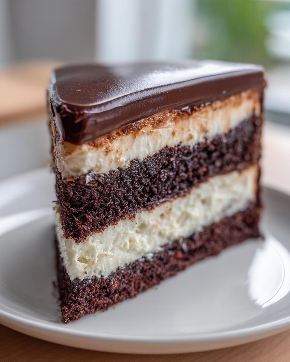 A tall slice of multi-layered Italian love cake featuring dark chocolate cake and white cream layers, topped with a shiny chocolate ganache.