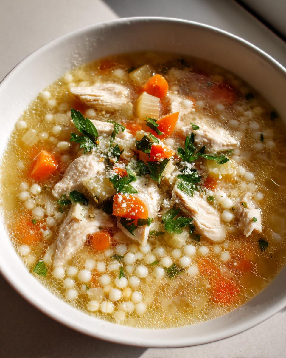 A close-up bowl of savory italian penicillin soup featuring shredded chicken, acini di pepe pasta, carrots, and grated parmesan cheese.