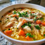 A close-up view of a bowl of Italian penicillin soup featuring shredded chicken, small pasta pearls, carrots, and fresh parsley.