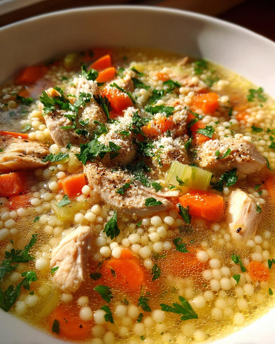 A close-up bowl of Italian penicillin soup featuring chicken pieces, bright orange carrots, small pasta pearls, and fresh parsley.