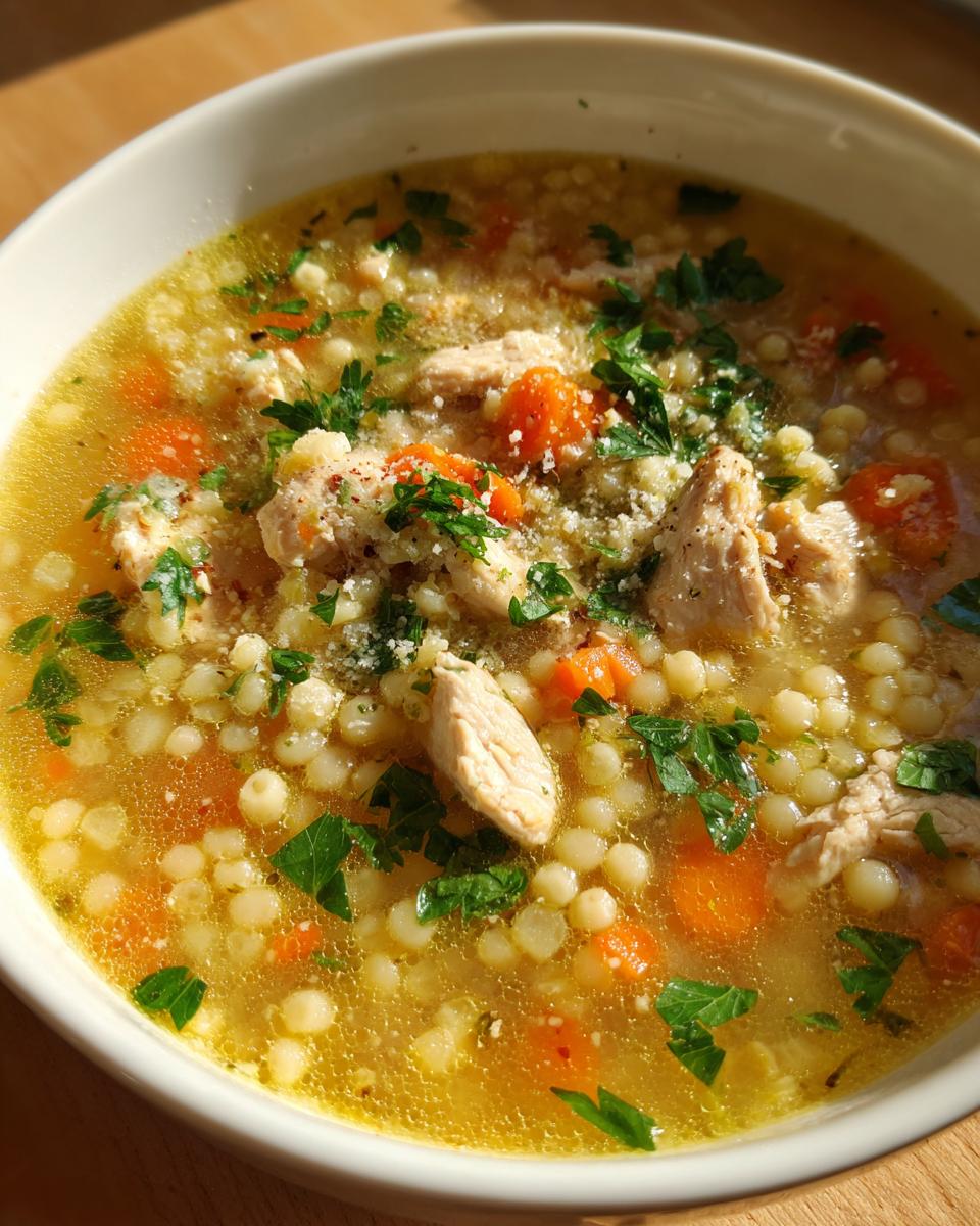 A comforting bowl of Italian penicillin soup featuring acini di pepe pasta, chicken pieces, carrots, and fresh parsley garnish.